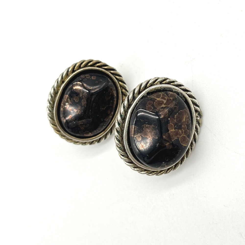 Vintage Oval Clip On Earrings‎ Brown Black Cabochon Rope Edge